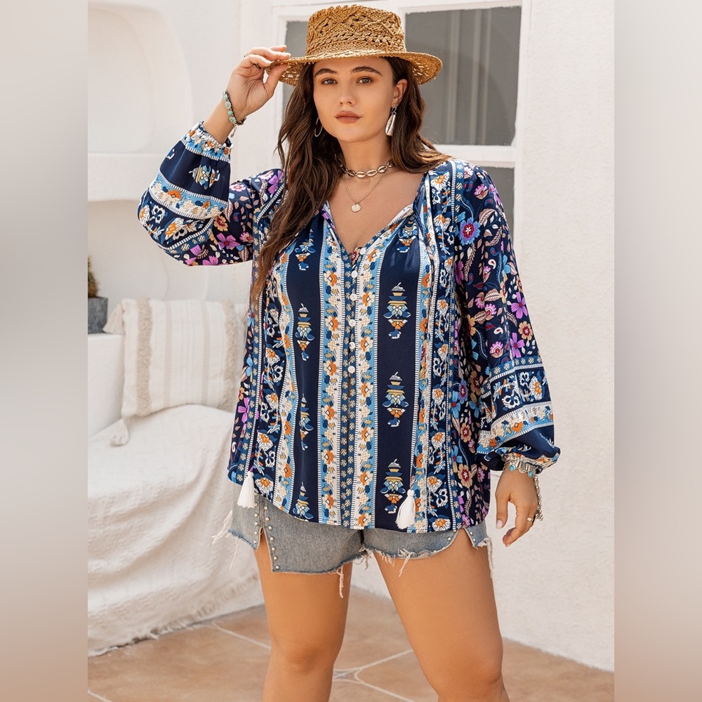 Navy Blue Plus Size Tie Neck Tassel Printed Blouse